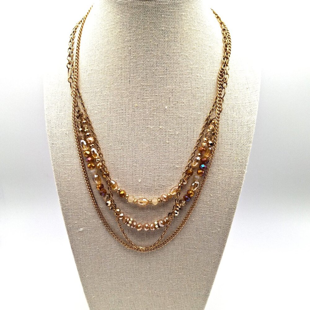 Multi-strand Necklace Amber Gold and Clear Rose Gold Chains